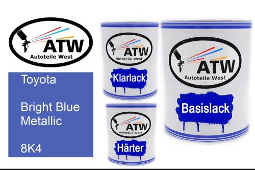 Toyota, Bright Blue Metallic, 8K4: 1L Lackdose + 1L Klarlack + 500ml Härter - Set, von ATW Autoteile West.